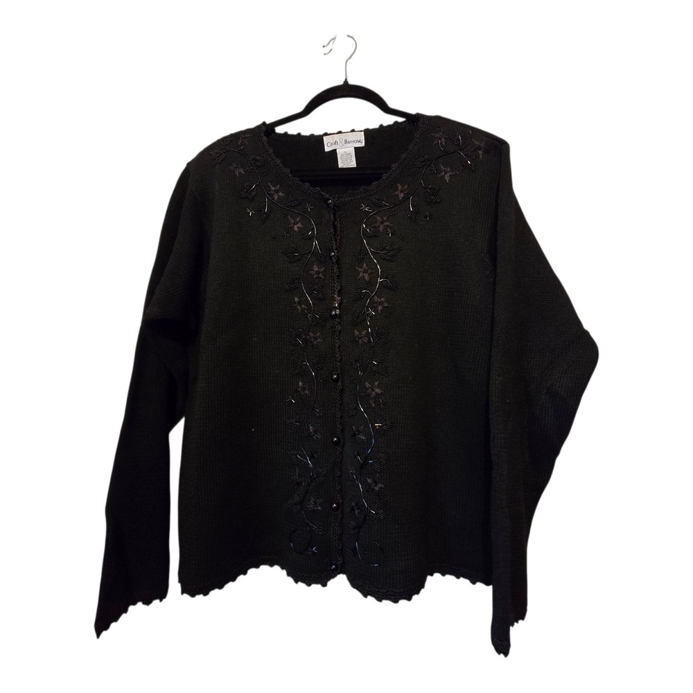 Vintage 90s Croft Barrow Beaded Cardigan Sweater Women LG Embroidery Cottagecore